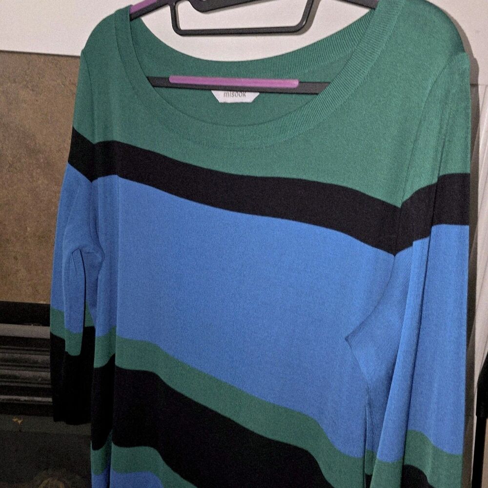 EXCLUSIVELY MISOOK Sz XL Vintage Signature Knit Black Green Blue L/S Midi Dress - Picture 2 of 7